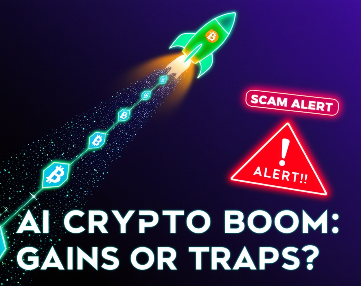 Bitcoin rocket with AI nodes and scam warning sign, teasing 2025 market gains and risks