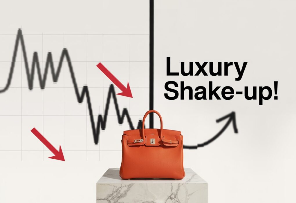 Hermès Birkin bag next to a declining stock chart,